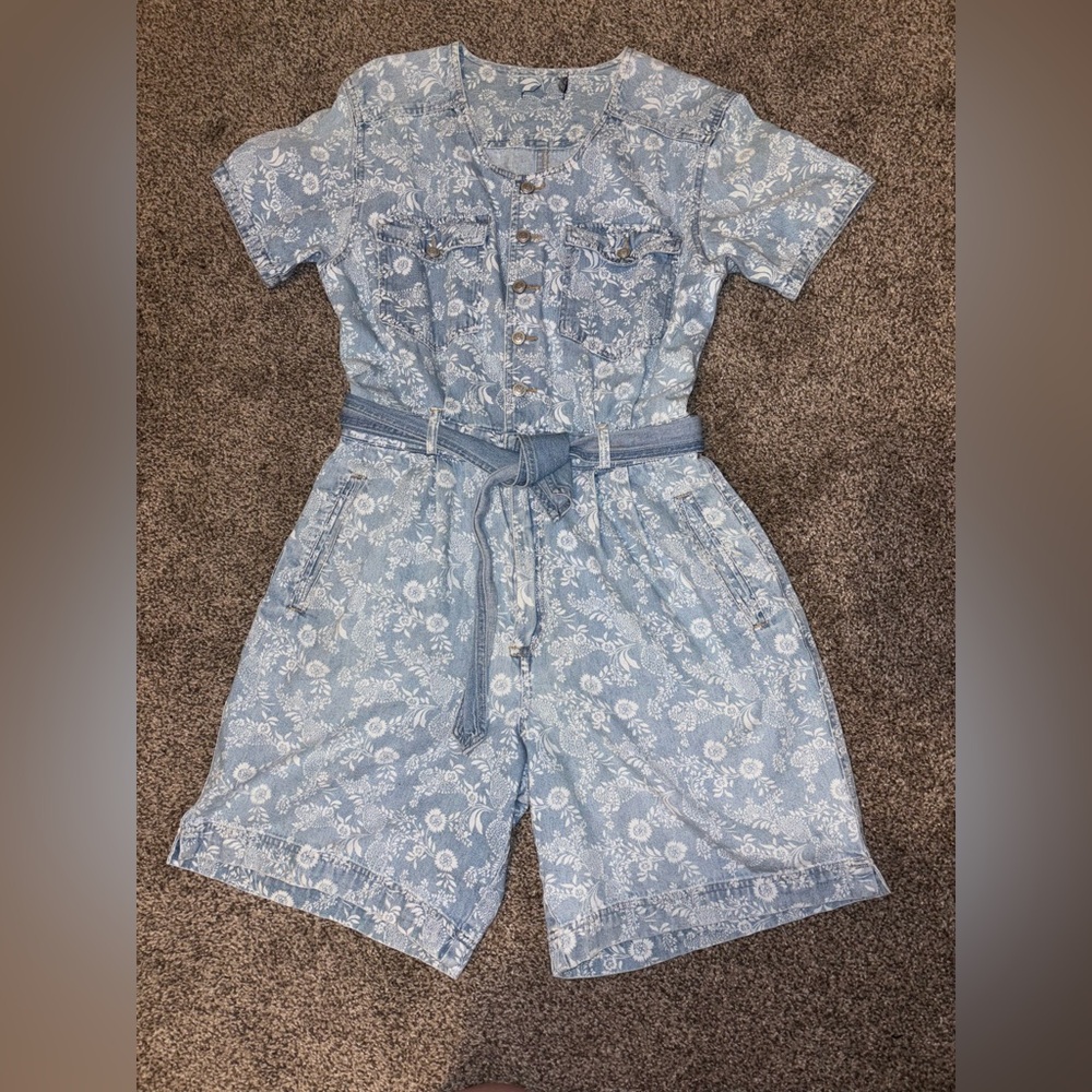 Vintage Floral Denim Romper with Belt